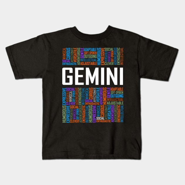 Gemini Zodiac Words Kids T-Shirt by LetsBeginDesigns